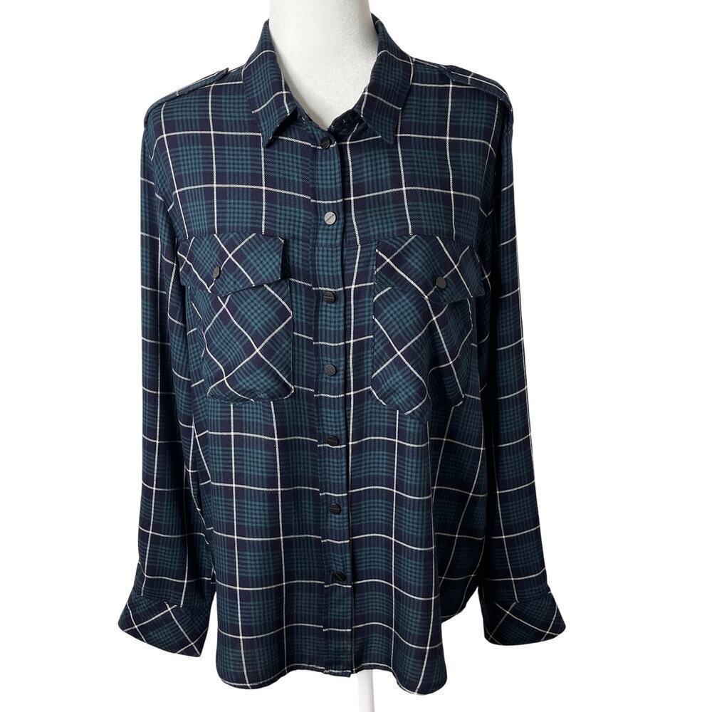 Sanctuary Women's Boyfriend Fit Shirt M Green & Blue Plaid Snap Button Up Rayon - Picture 2 of 9